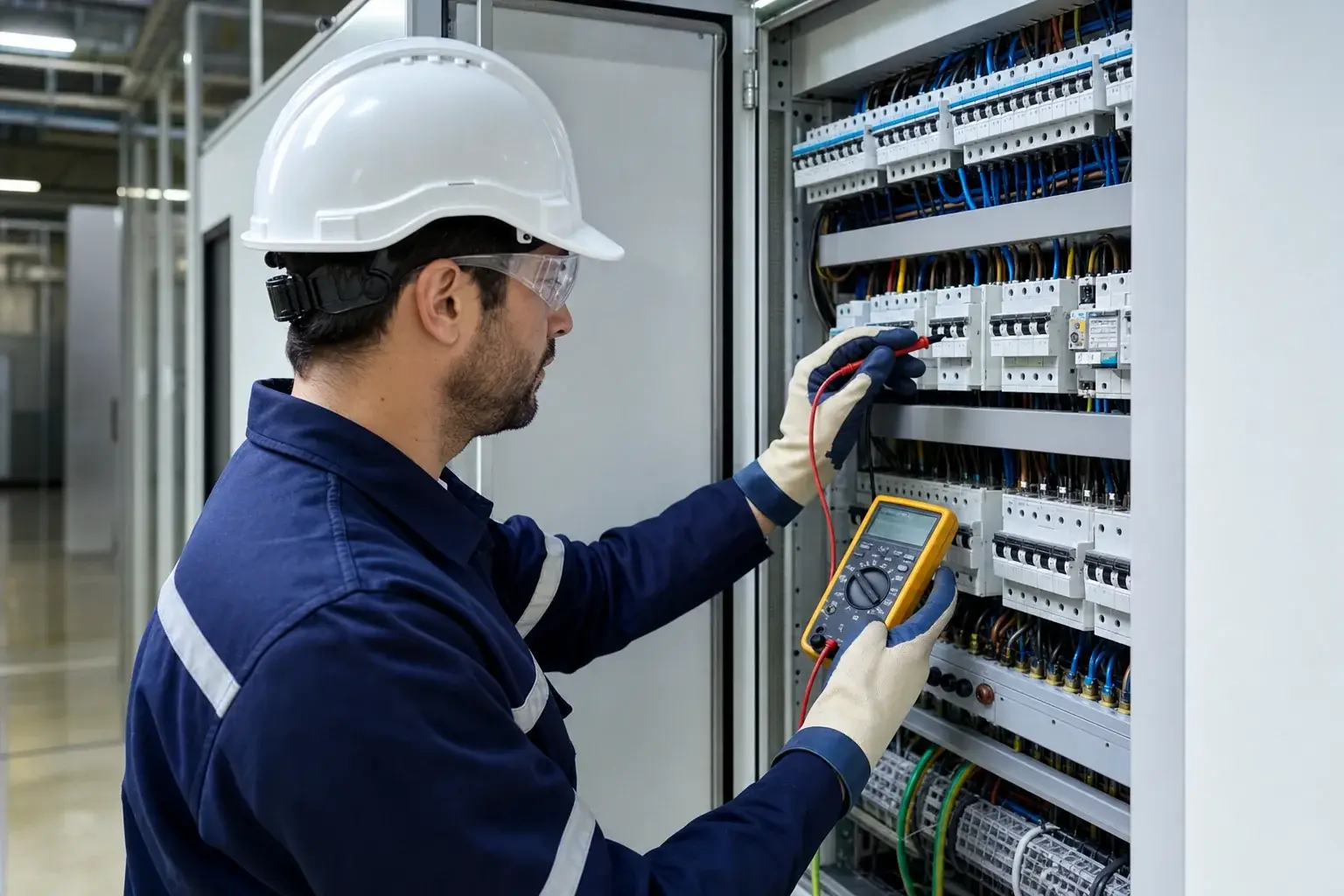 İstanbul elektrik arızası için pano üzerinde ölçüm yapan profesyonel teknisyen