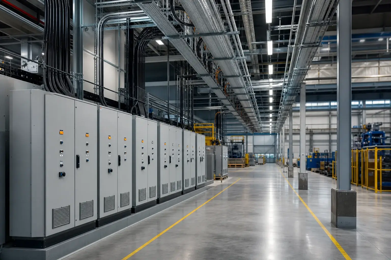 Modern fabrikada elektrik panoları, kablo tavaları ve endüstriyel aydınlatma