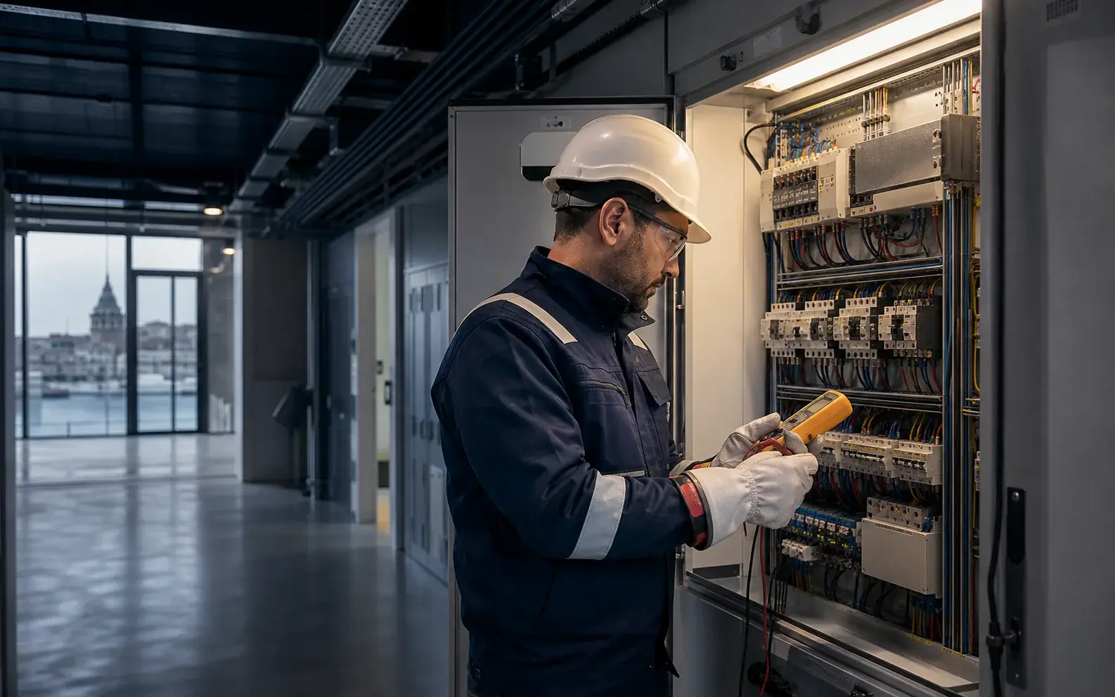 Modern ticari binada düzenli elektrik panosunu kontrol eden profesyonel teknisyen