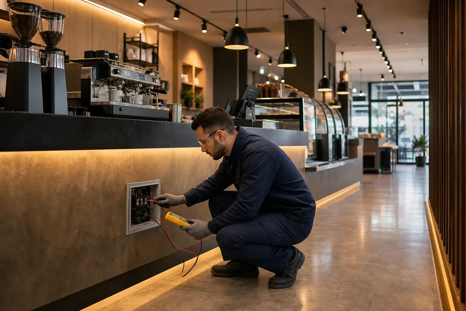 Modern kafede elektrik ve aydınlatma sistemini kontrol eden teknisyen