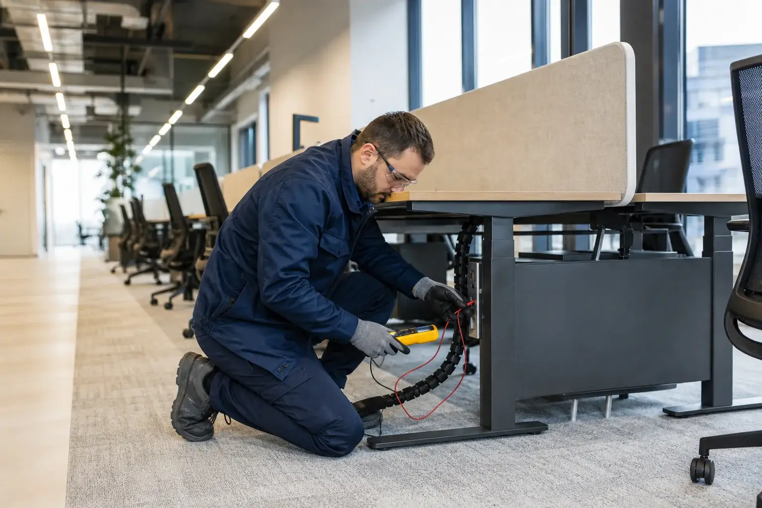 Modern ofiste masa enerji noktalarını kontrol eden elektrik teknisyeni